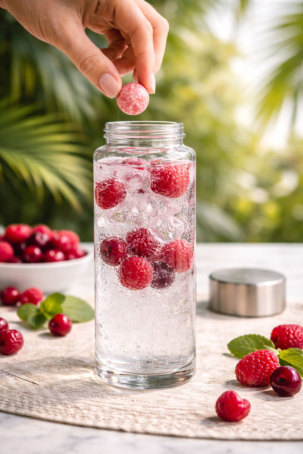 Person dropping a Fizzii hydration pearl into a water bottle
